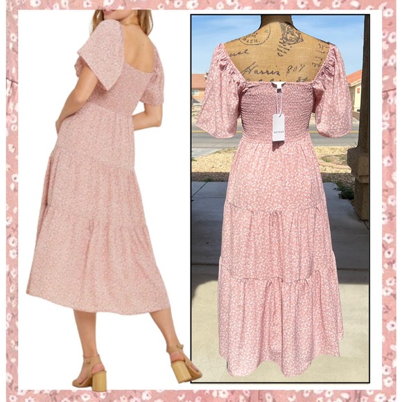 PinkBlush Dusty Rose Ditsy Floral Tiered Ruffle Midi Dress Size: M NWT - Picture 5 of 11